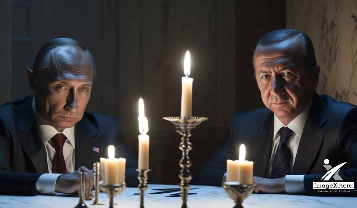 Vladimir Putin and Recep Tayyip Erdogan seated at a long
